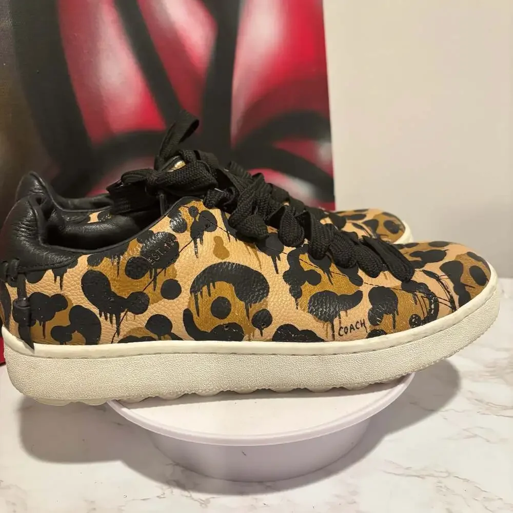 Coach High Line Wild Beast Leopard Print Pebble Leather Low Top Sneakers Sz 8.5